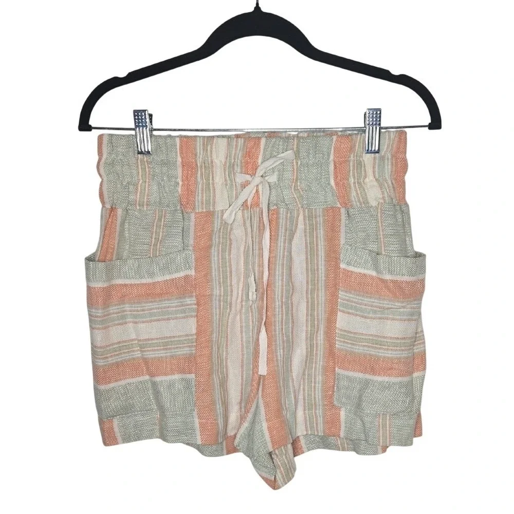 Indigo Rein Linen Blend High Waisted Striped Shorts Drawstring Comfort Timeless